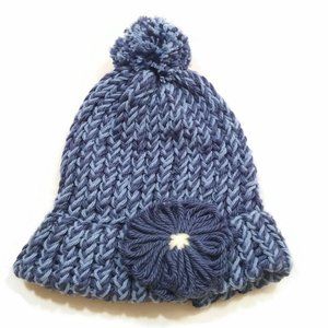 Girls High Bun Wool Knitted Handmade Cap Skull Beanie Winter Hat W/Flower Blue